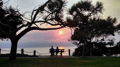 Pensjonister sitter på en benk under noen trær og ser utover solnedgangen i havet. Foto